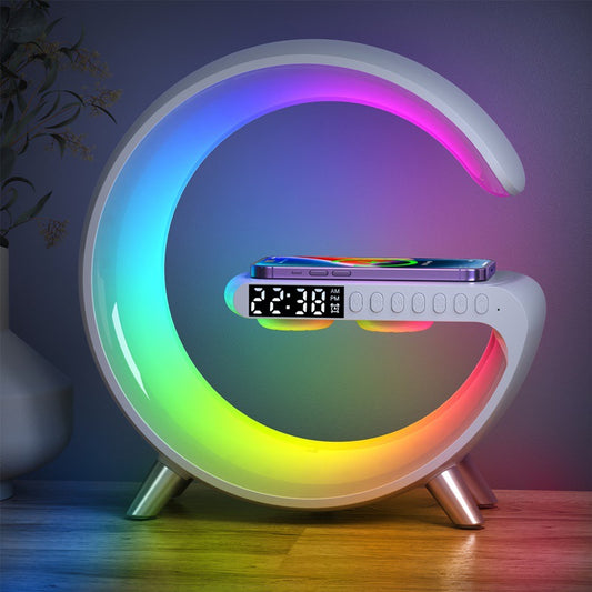 Multi Functional G Smart Lamp | Bluetooth Speaker, Wireless Fast Charger, Alarm Clock, Day and Night Light with App Control (White)